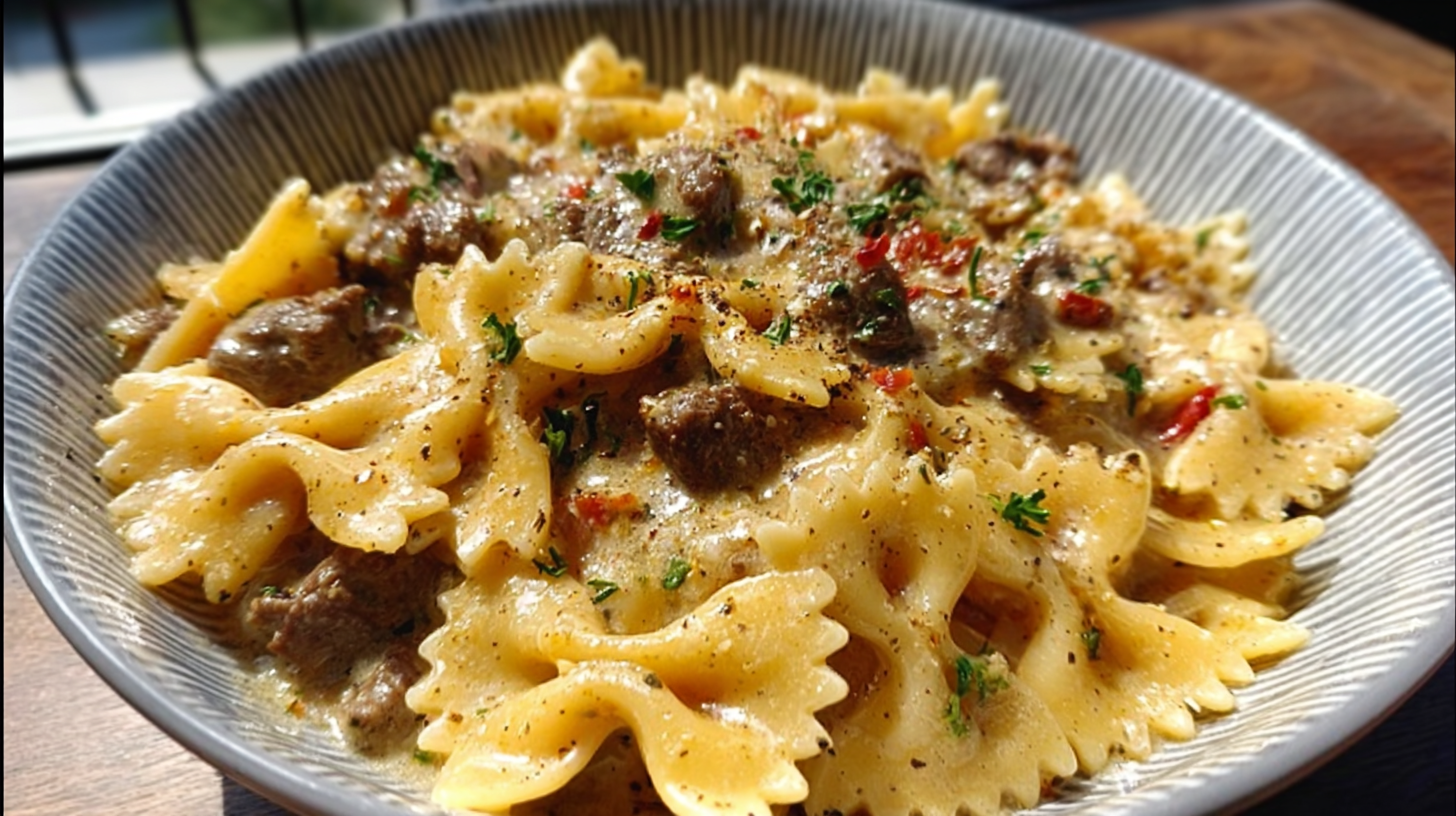 Creamy Parmesan Garlic Beef Bowtie Pasta